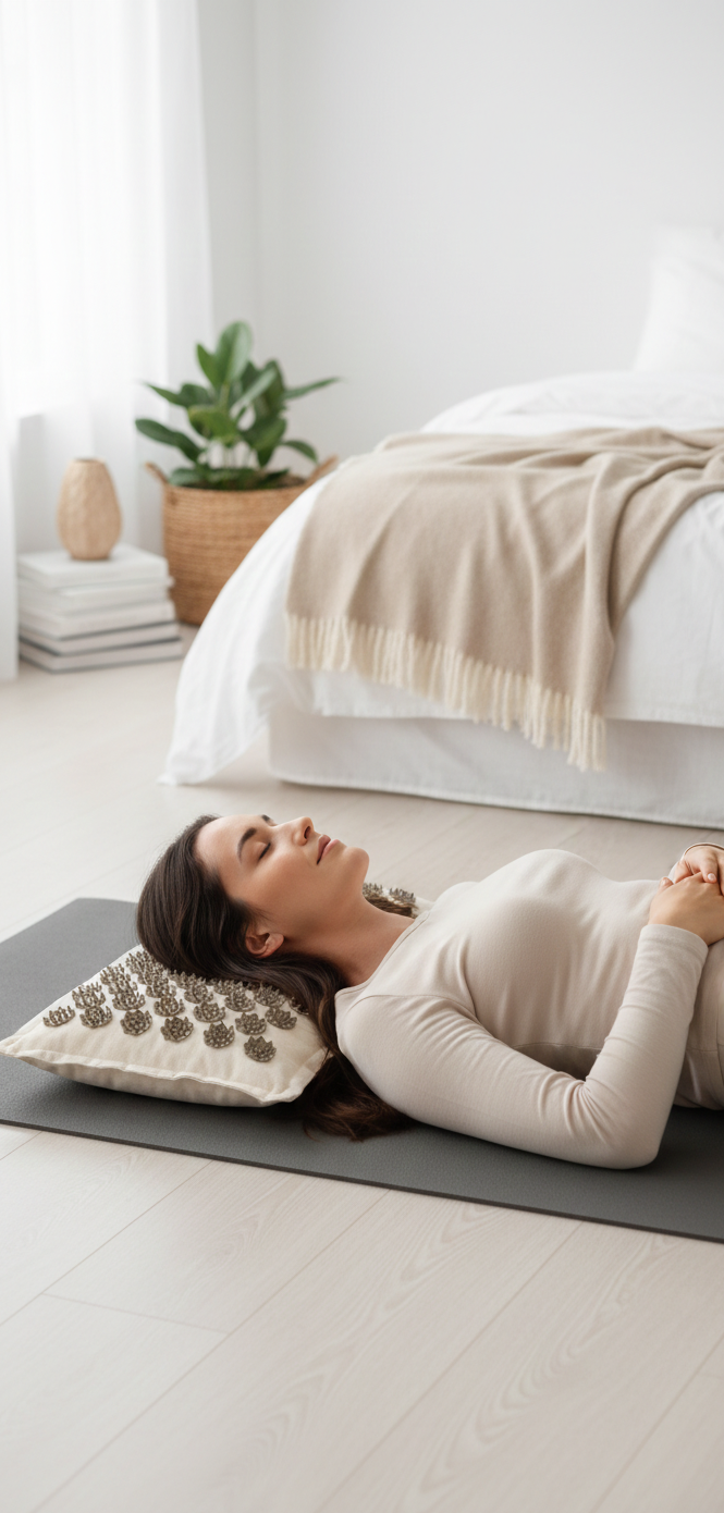Woman lying on a yoga mat with acupressure pillows in a bedroom setting